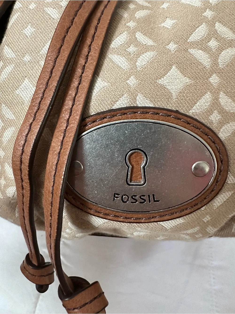 Fossil Beige Patterned Drawstring Bucket Bag with Brown Trim - Picture 6 of 16
